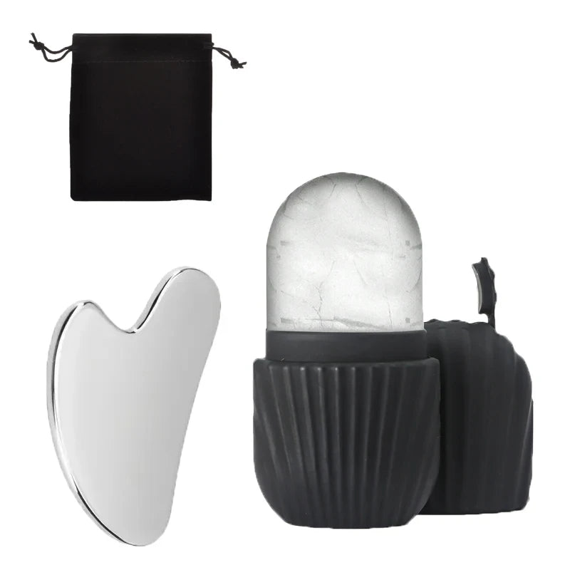 3-Piece Facial Cleansing Tool, Stainless Steel Heart-Shaped Scraping Tool, Ice Facial Roller, a Flannel Bag